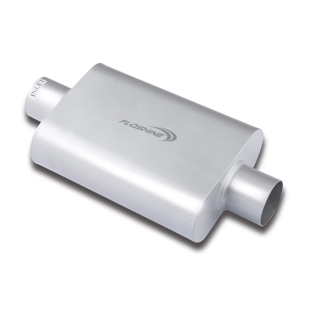 Floshine muffler front view showing body and ports, durable finish benefit
