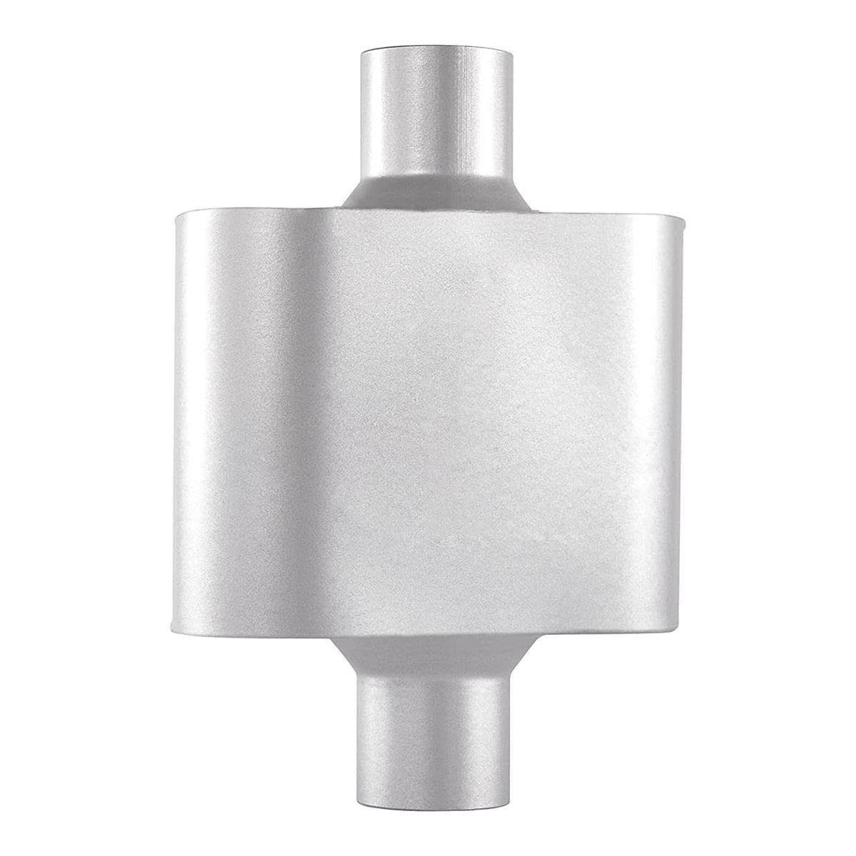 Floshine front view of muffler showing inlet and outlet benefiting universal fit
