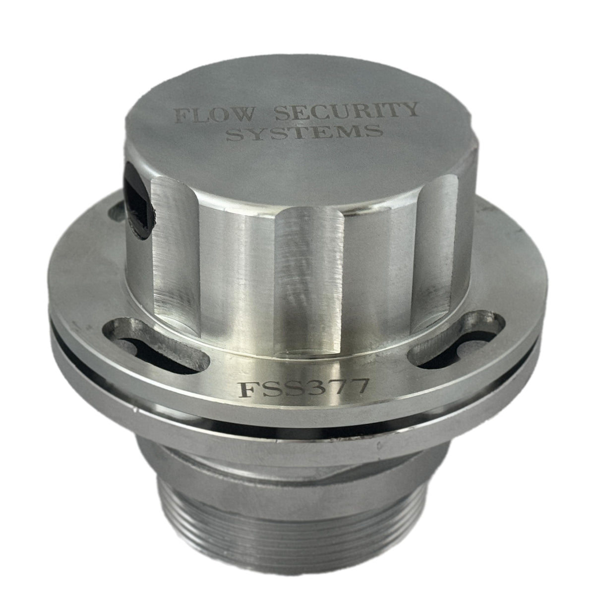 Flow Security Systems front view of installed locking fuel cap showing security