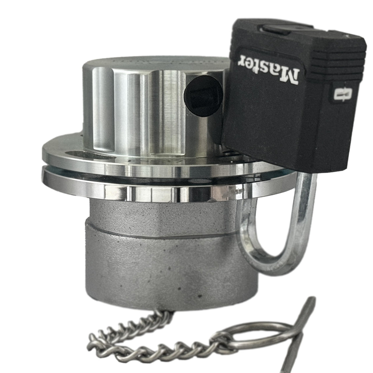 Flow Security Systems padlock shackle through cap demonstrating lock compatibility