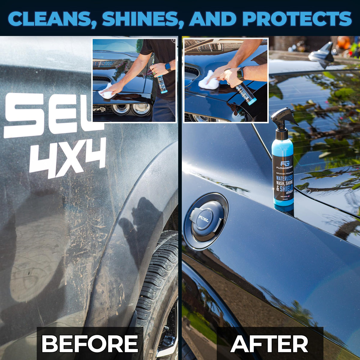 Flowgenix close-up on glossy paint demonstrating scratch-free finish