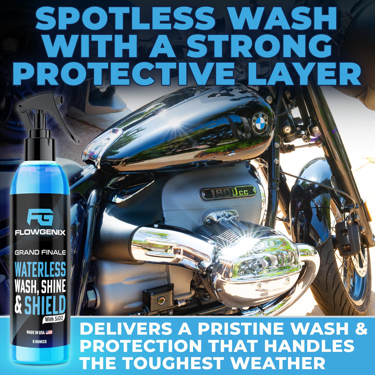 Flowgenix spray action being applied to car panel for fast cleaning