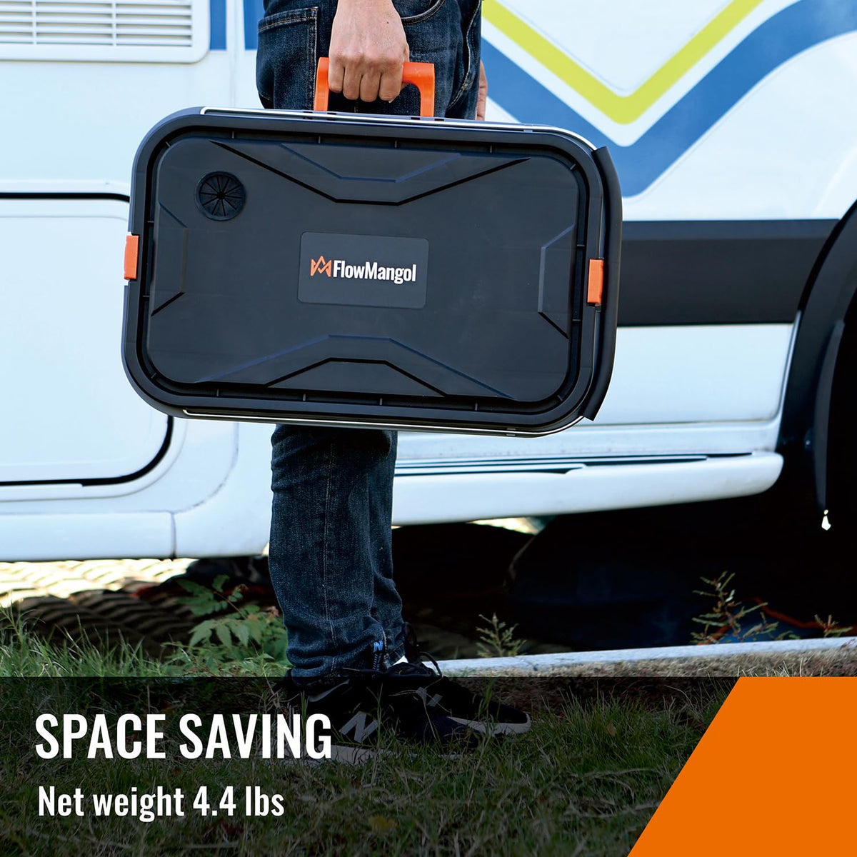 Flowmangol folded flat profile compact for trunk storage and space saving