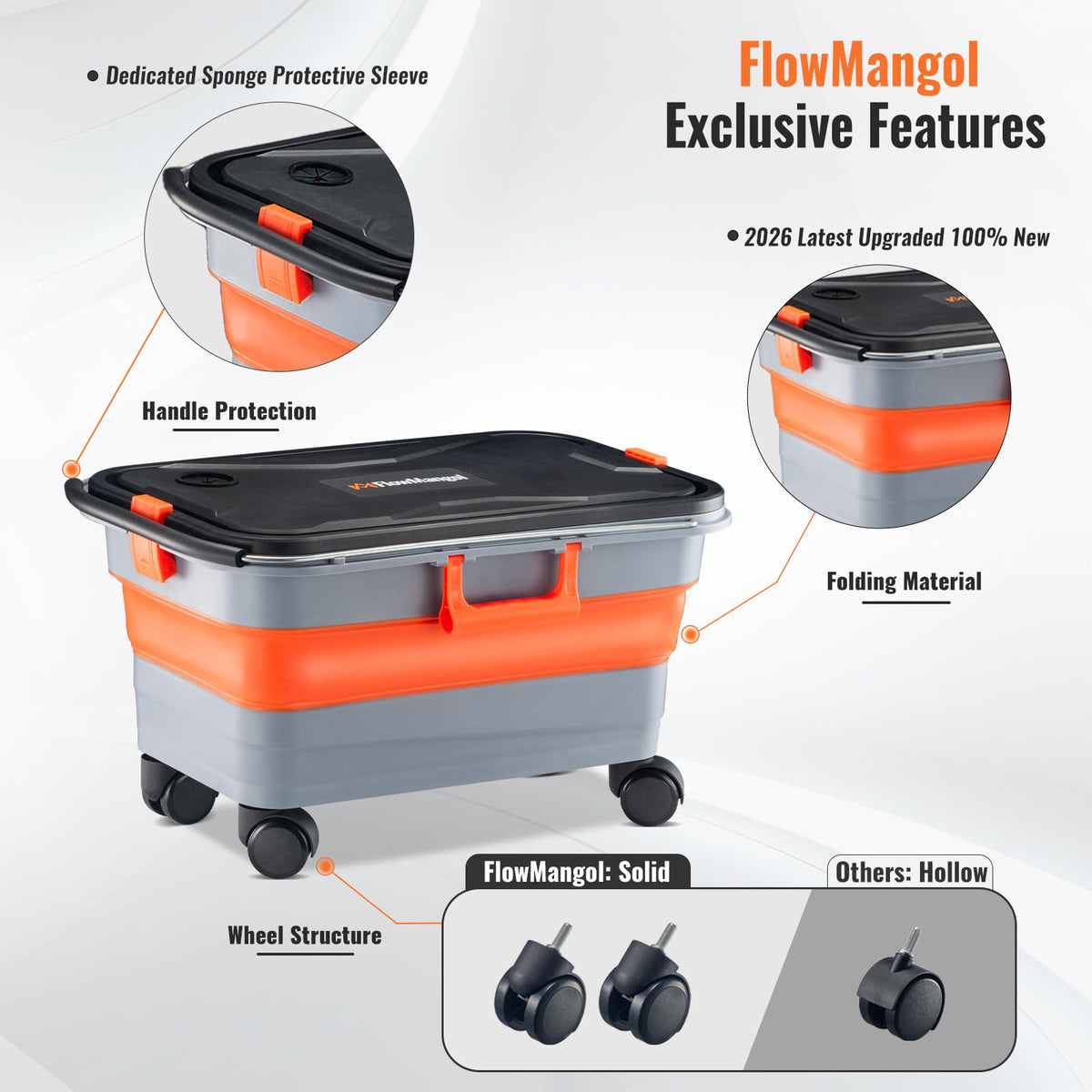 Flowmangol side view with wheels and cushioned handle for effortless mobility