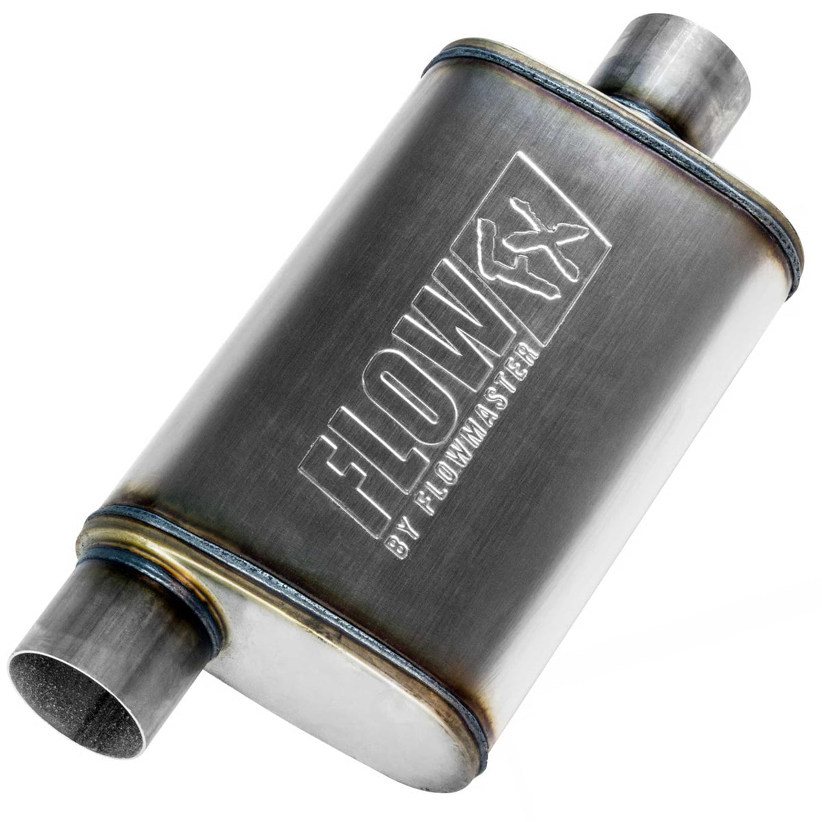 Flowmaster front view showing muffler body and polished finish for durable styling