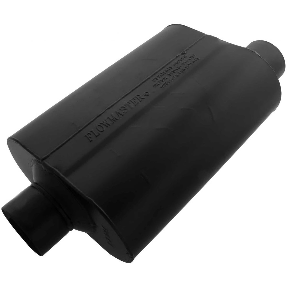 Flowmaster front view showing muffler body and configuration for clear fitment benefit