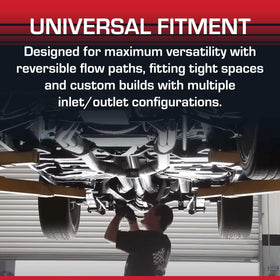 Flowmaster beside ruler showing size and scale for accurate fitment planning