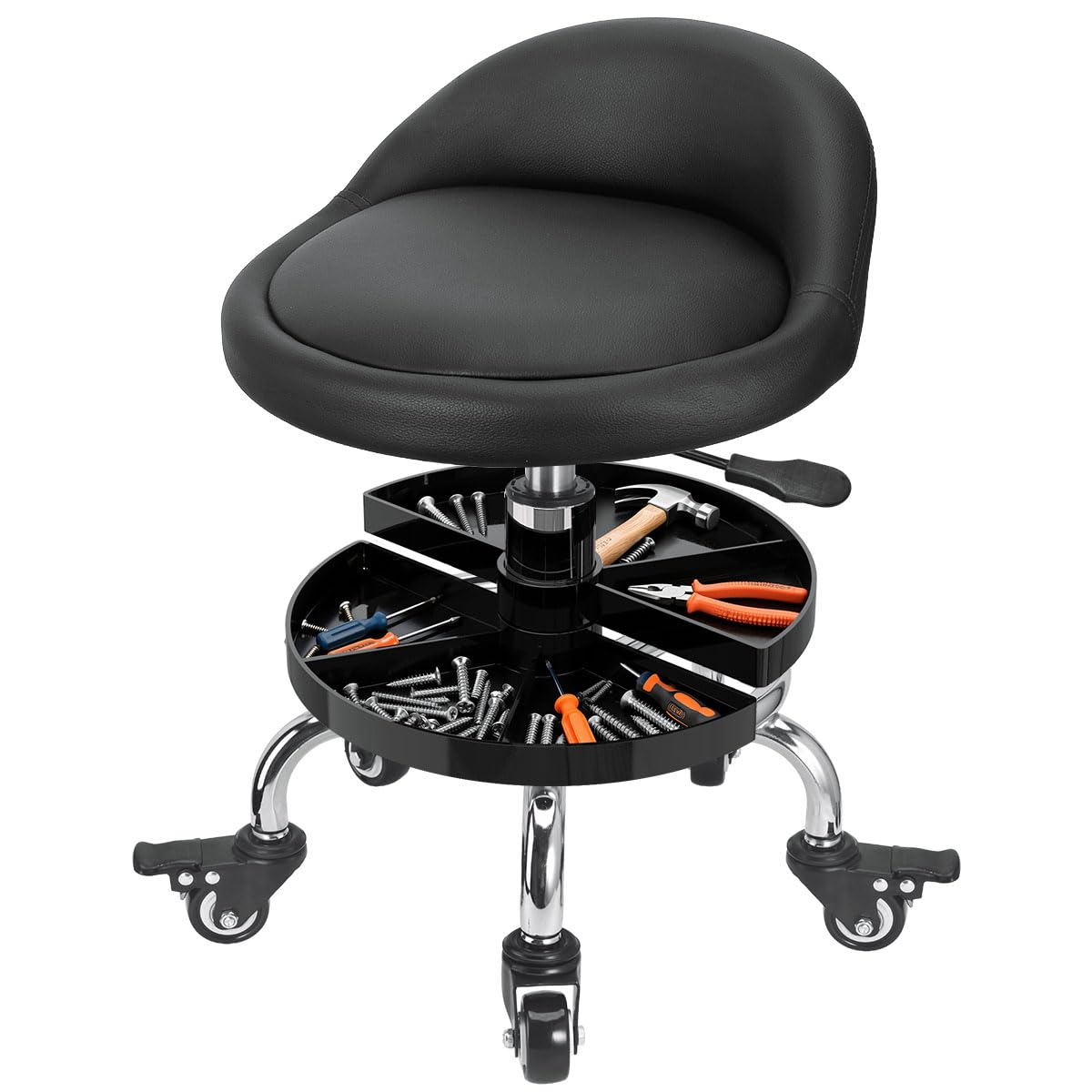 FLOLXNB front view of mechanic stool showing seat and storage, improves accessibility