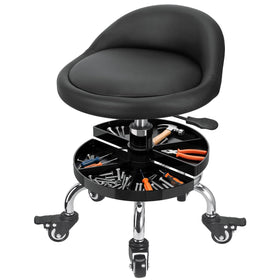 FLOLXNB front view of mechanic stool showing seat and storage, improves accessibility