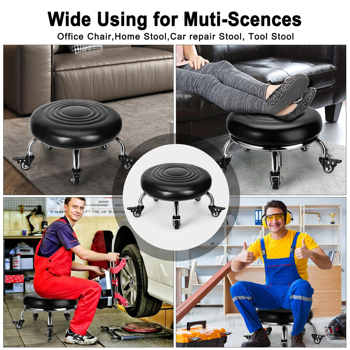 FLOLXNB rolling stool in garage showing mobility and hands-free movement