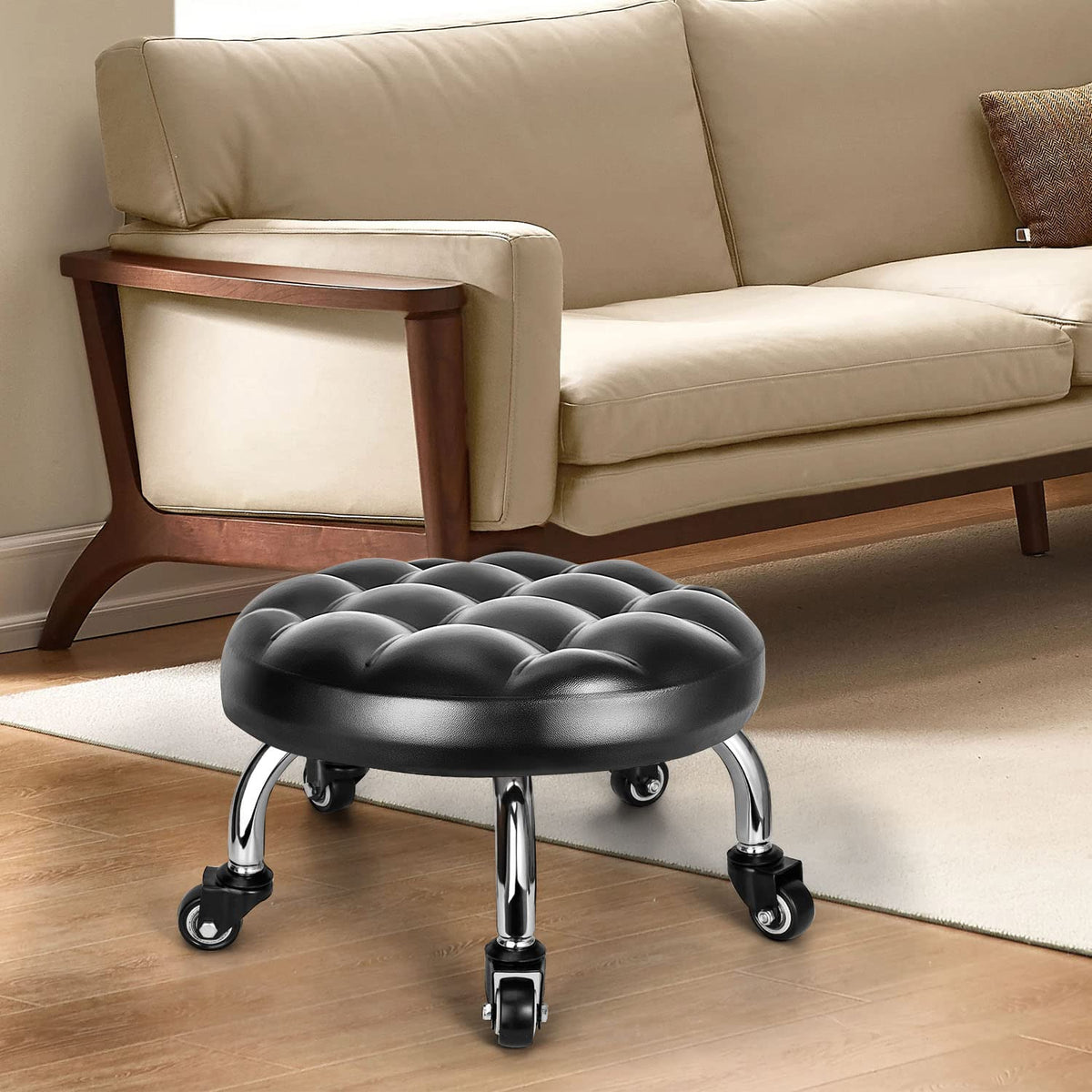 FLOLXNB stool at beauty station showing comfort and accessibility for low seating tasks