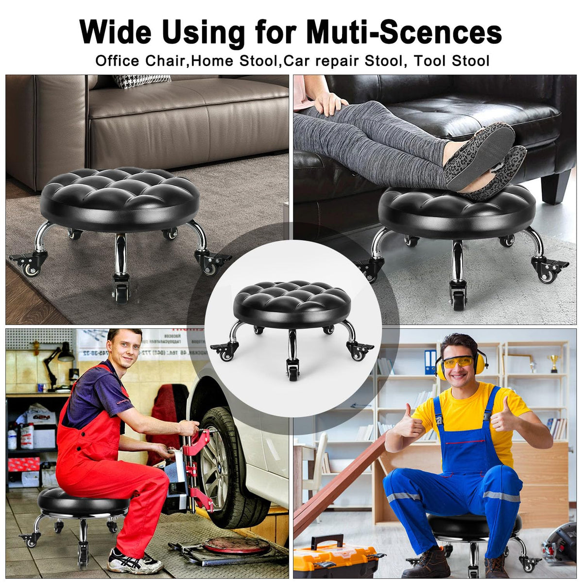FLOLXNB stool in garage setting demonstrating mobility and convenience for repairs