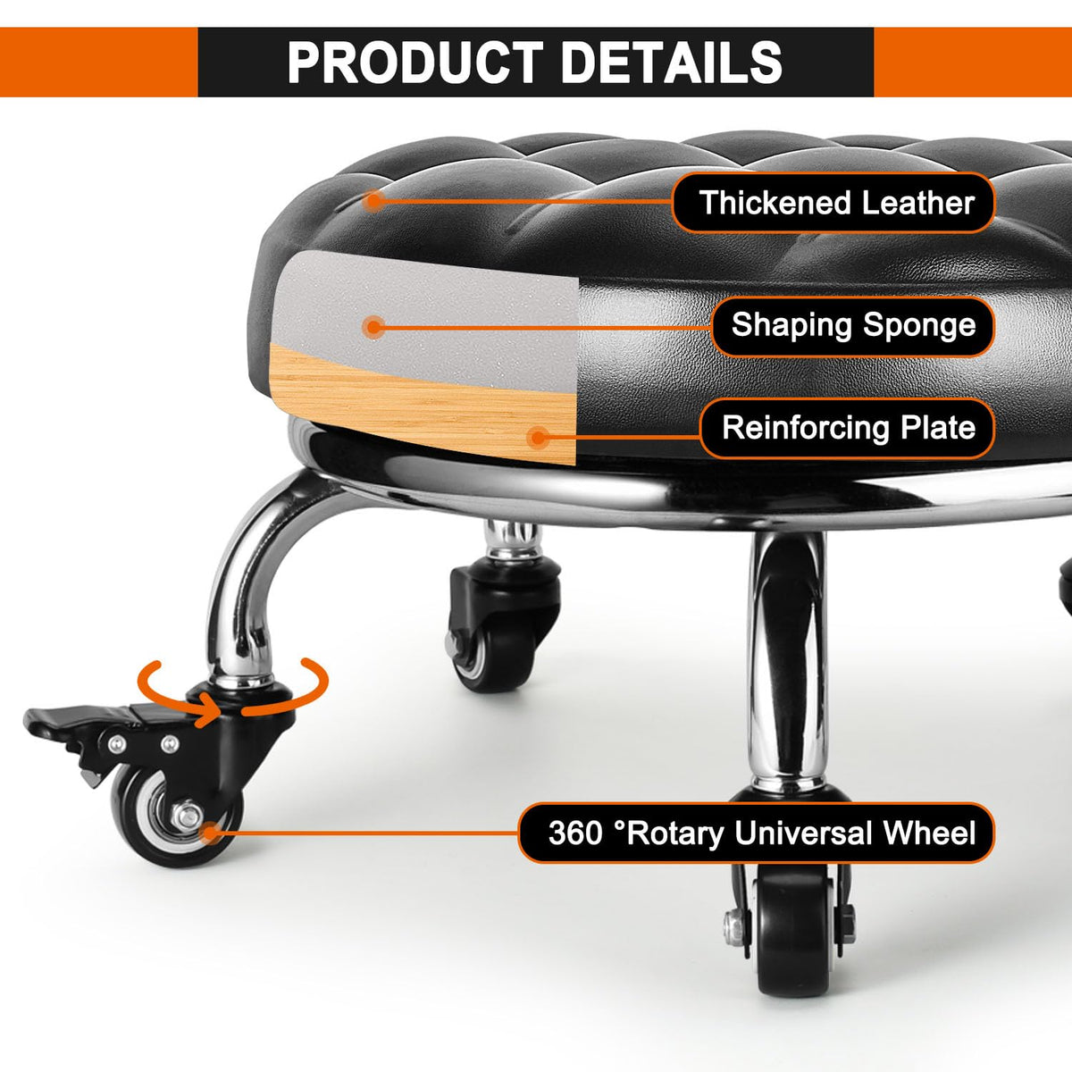 FLOLXNB caster wheel detail with steel-bearing showing smooth rotation and floor protection