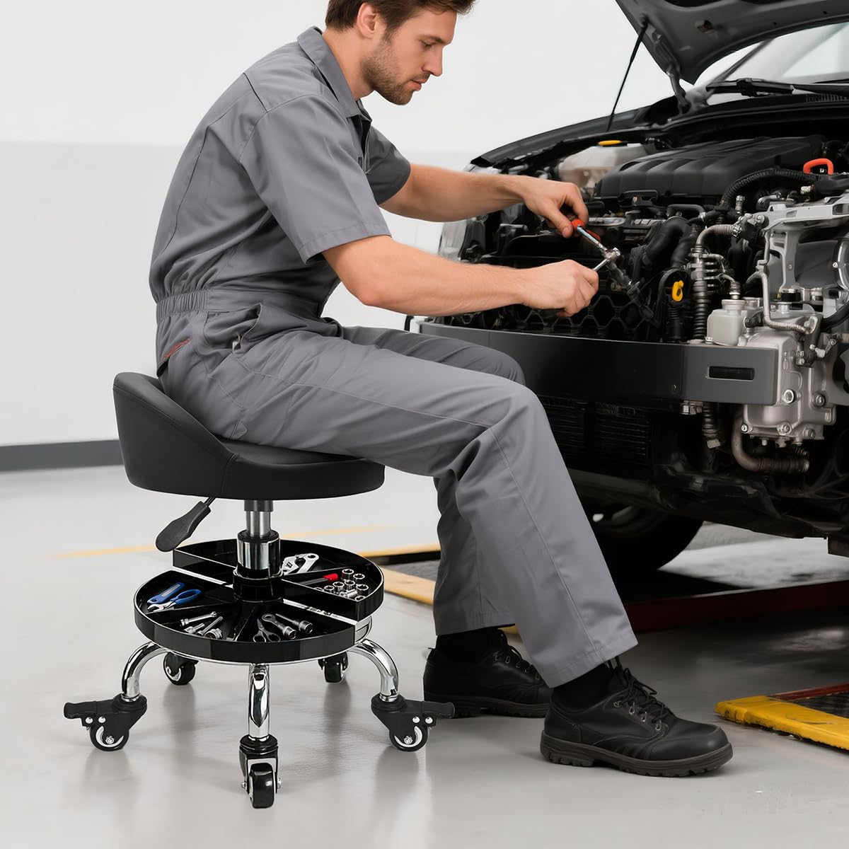FLOLXNB mechanic stool placed in garage workspace, enhances workshop efficiency