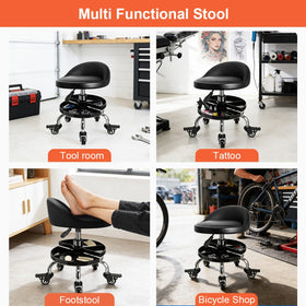 FLOLXNB stool next to car tire showing scale, compact and space-saving