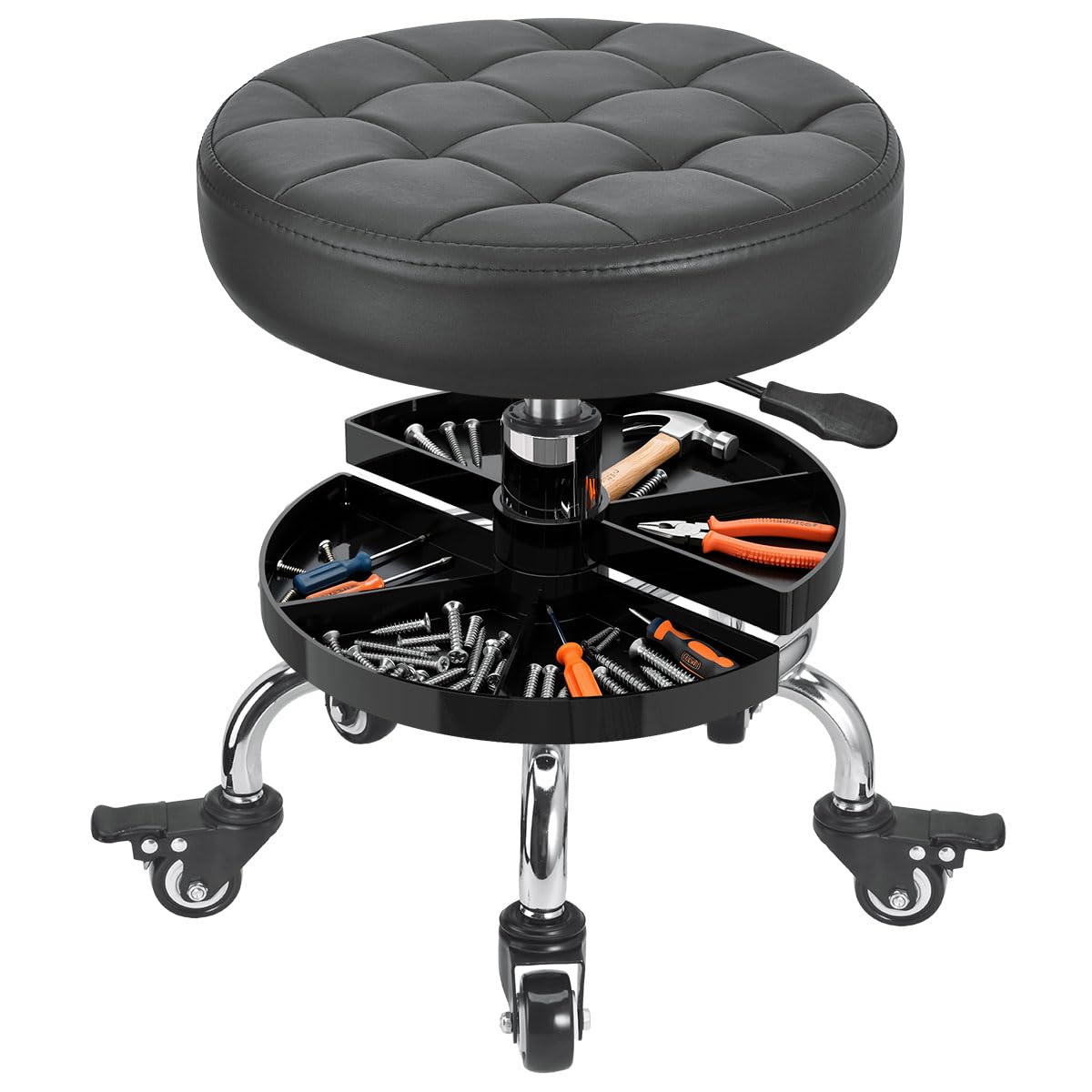 FLOLXNB front view of rolling mechanic stool showing storage and seat — organized workspace benefit