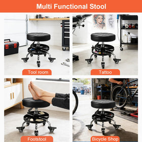 FLOLXNB stool next to a toolbox for scale showing compact footprint and space savings
