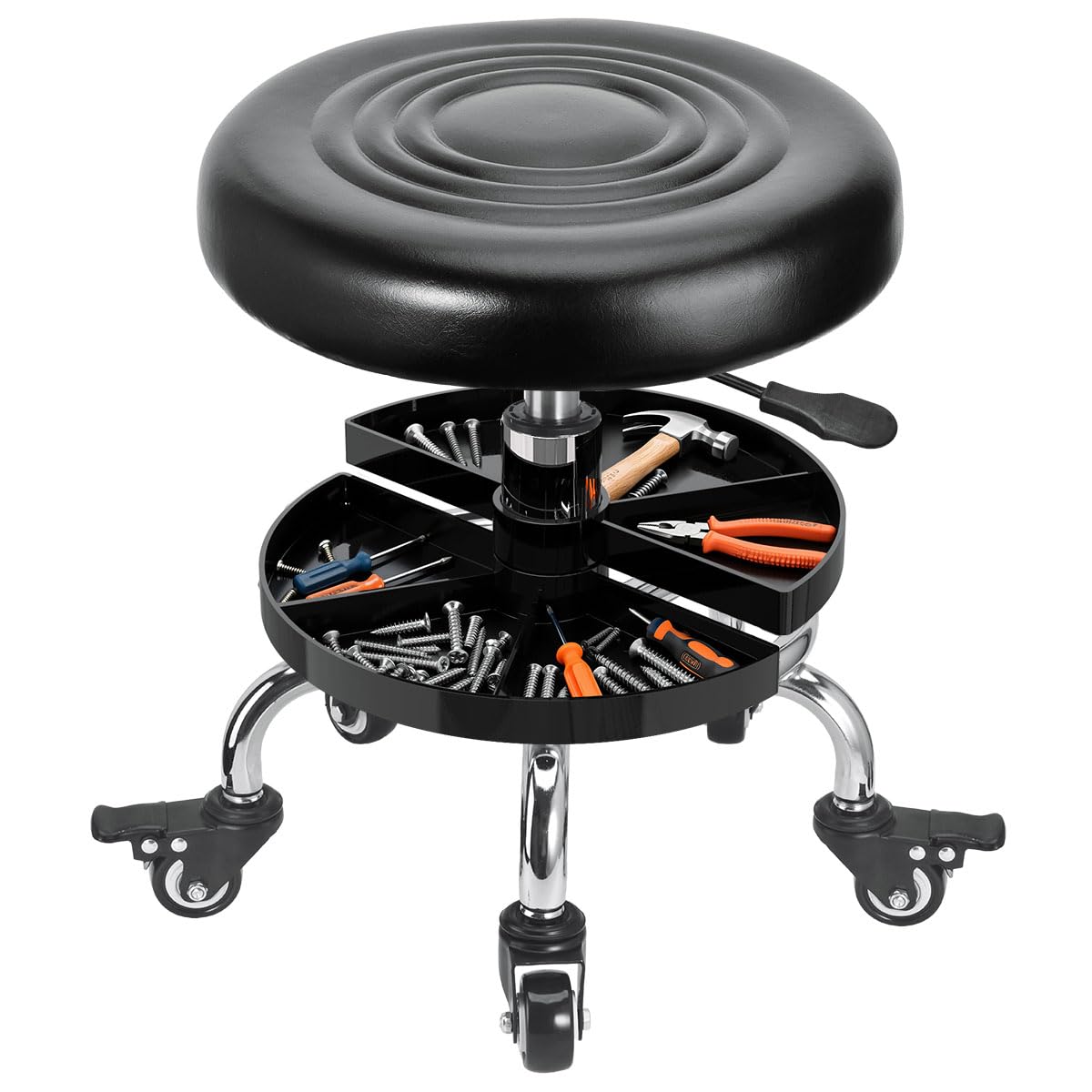 FLOLXNB front view of rolling shop stool showing stable base and seat benefit