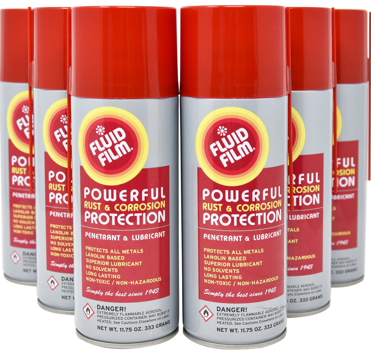 Fluid Film aerosol front packaging showing label and rust protection benefit
