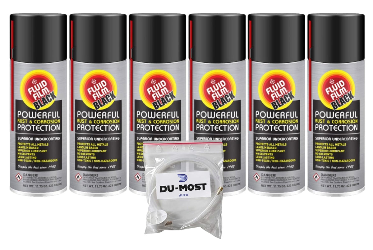 Fluid Film Black front view of six aerosol cans showing kit benefits