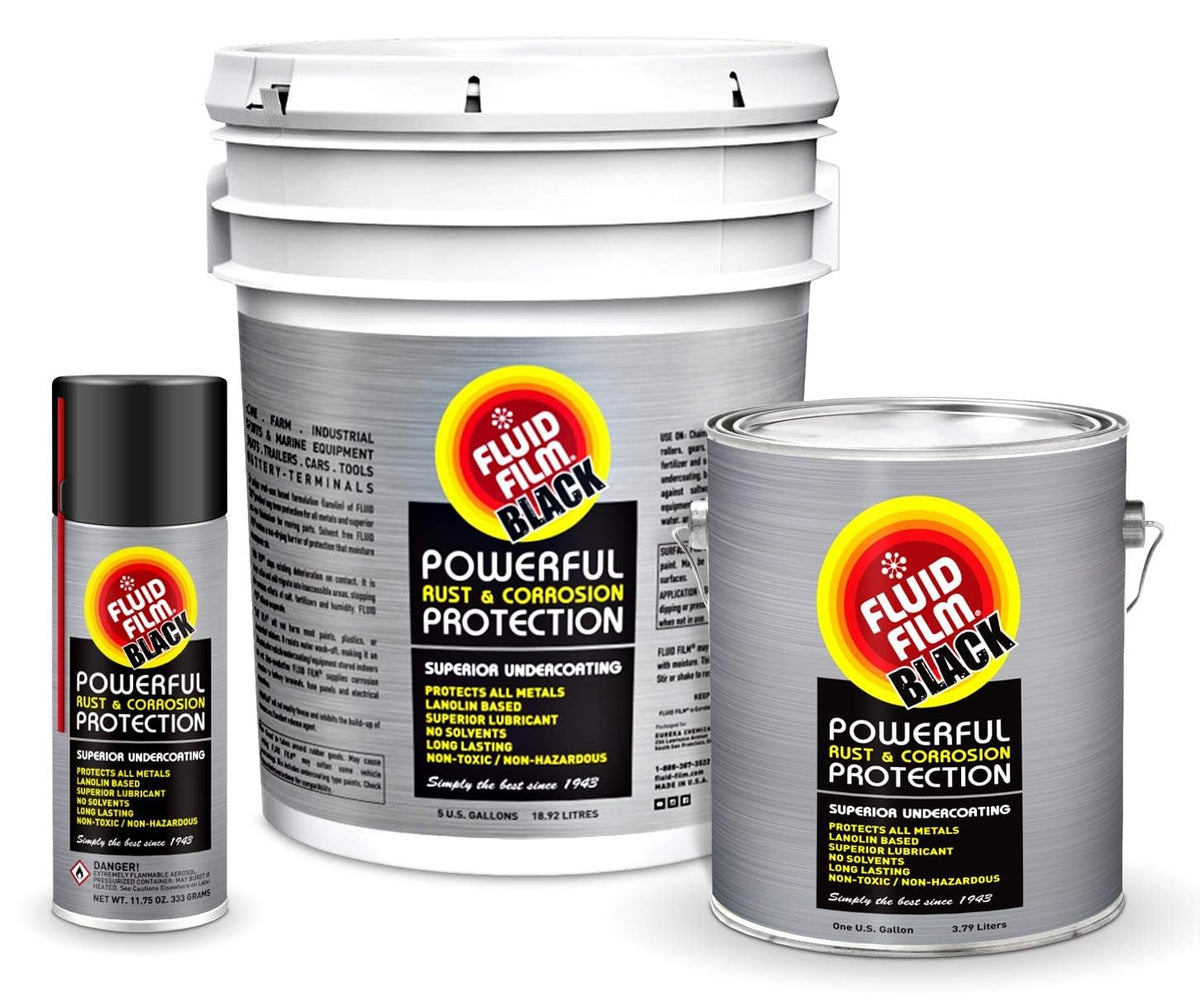 Fluid Film black applied underbody showing rust protection and water displacement