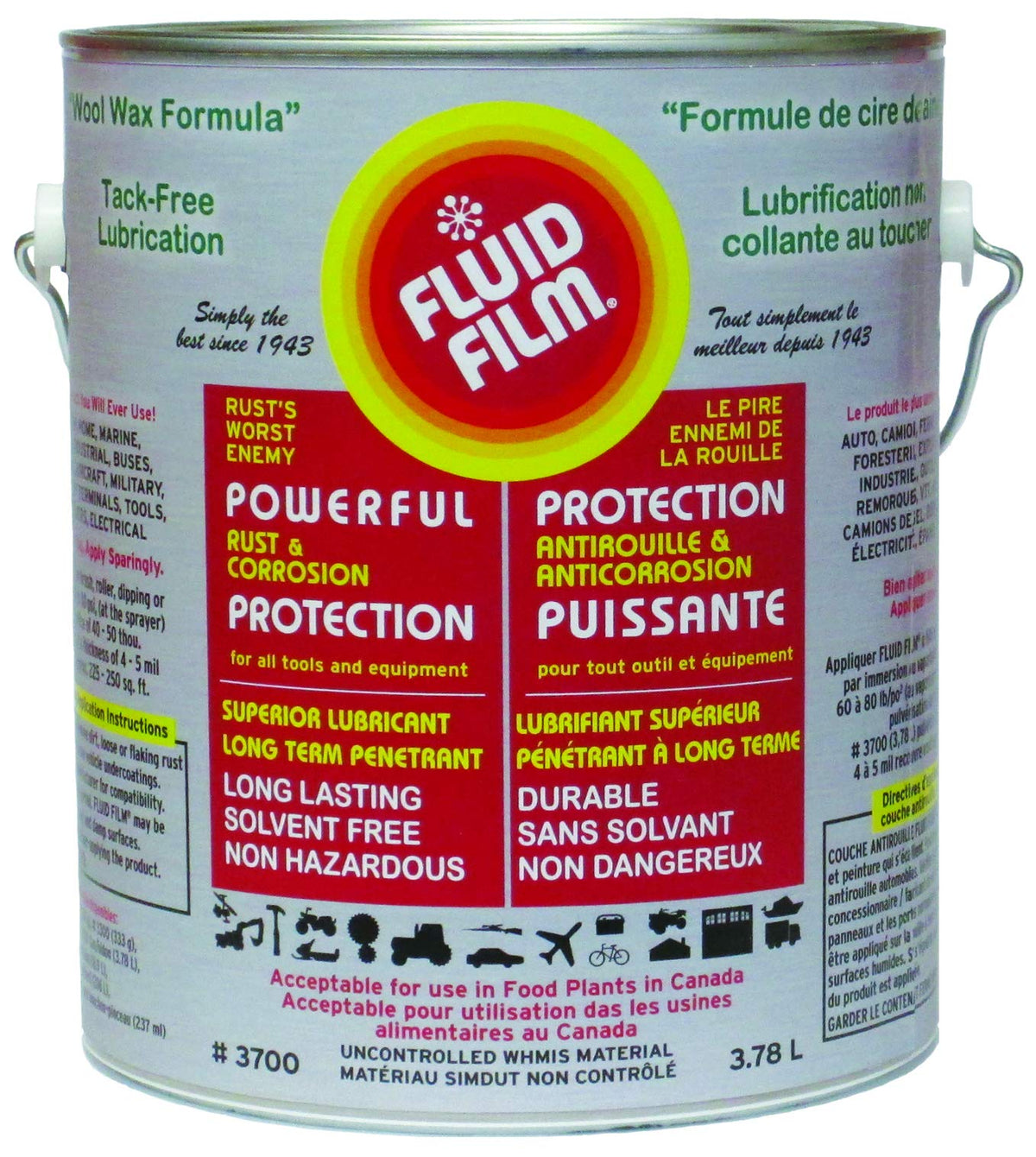 Fluid Film 1 gallon can front label showing brand and product benefits for corrosion protection