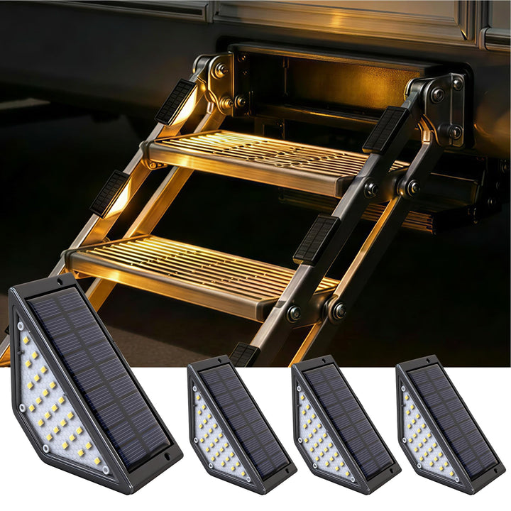 Flupuro front view pack of 4 showing compact warm white step lights and easy placement benefit