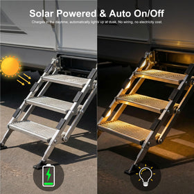 Flupuro side profile mounted on RV step showing targeted edge illumination for safer steps