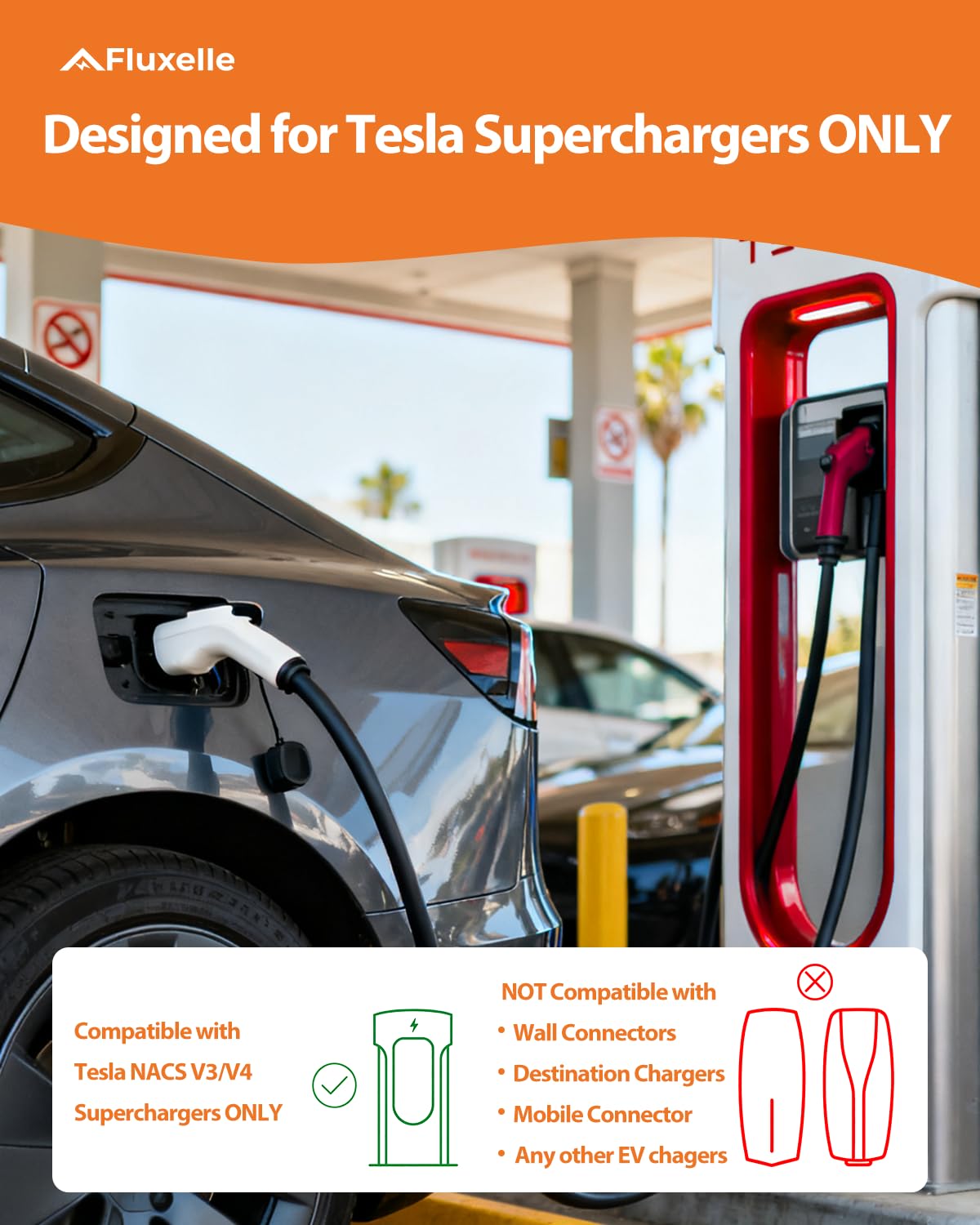 Fluxelle adapter connected to Tesla Supercharger demonstrating fast-charging access