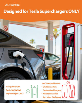 Fluxelle adapter connected to Tesla Supercharger demonstrating fast-charging access