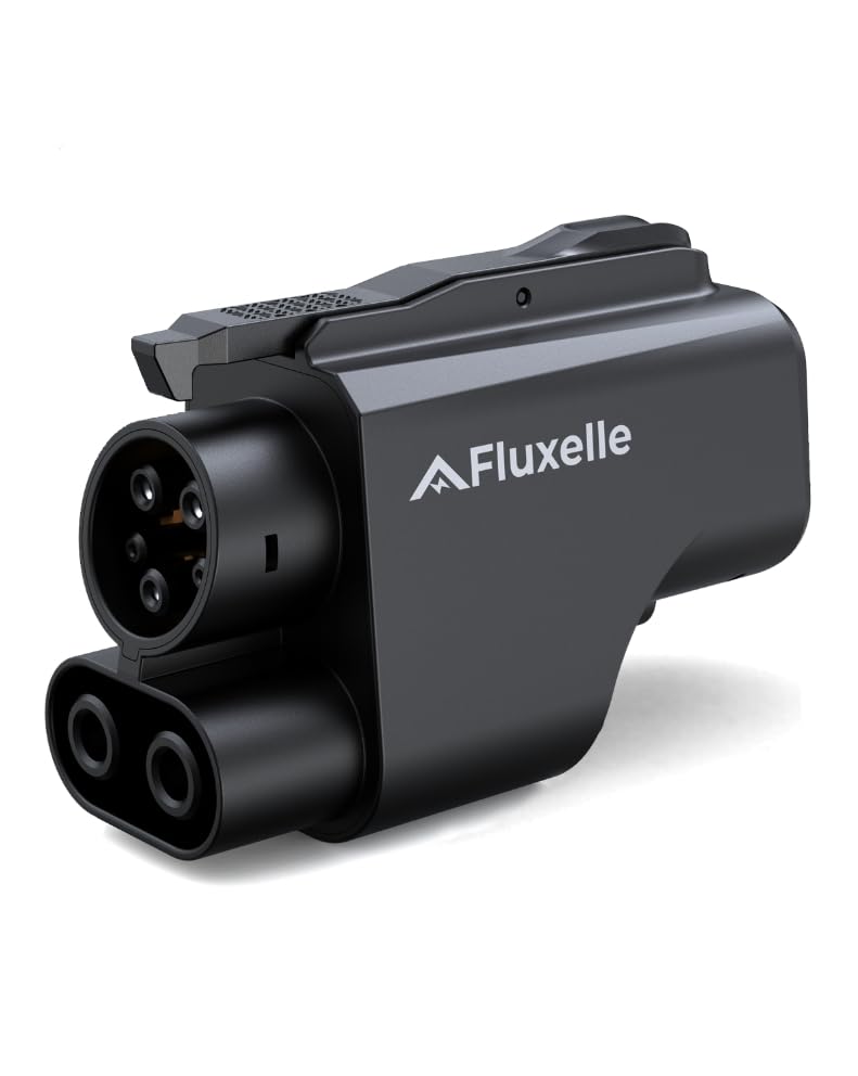 Fluxelle adapter front view showing robust casing and safety labels for confident charging