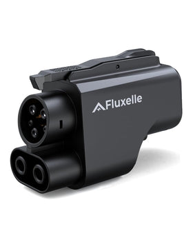 Fluxelle adapter front view showing robust casing and safety labels for confident charging