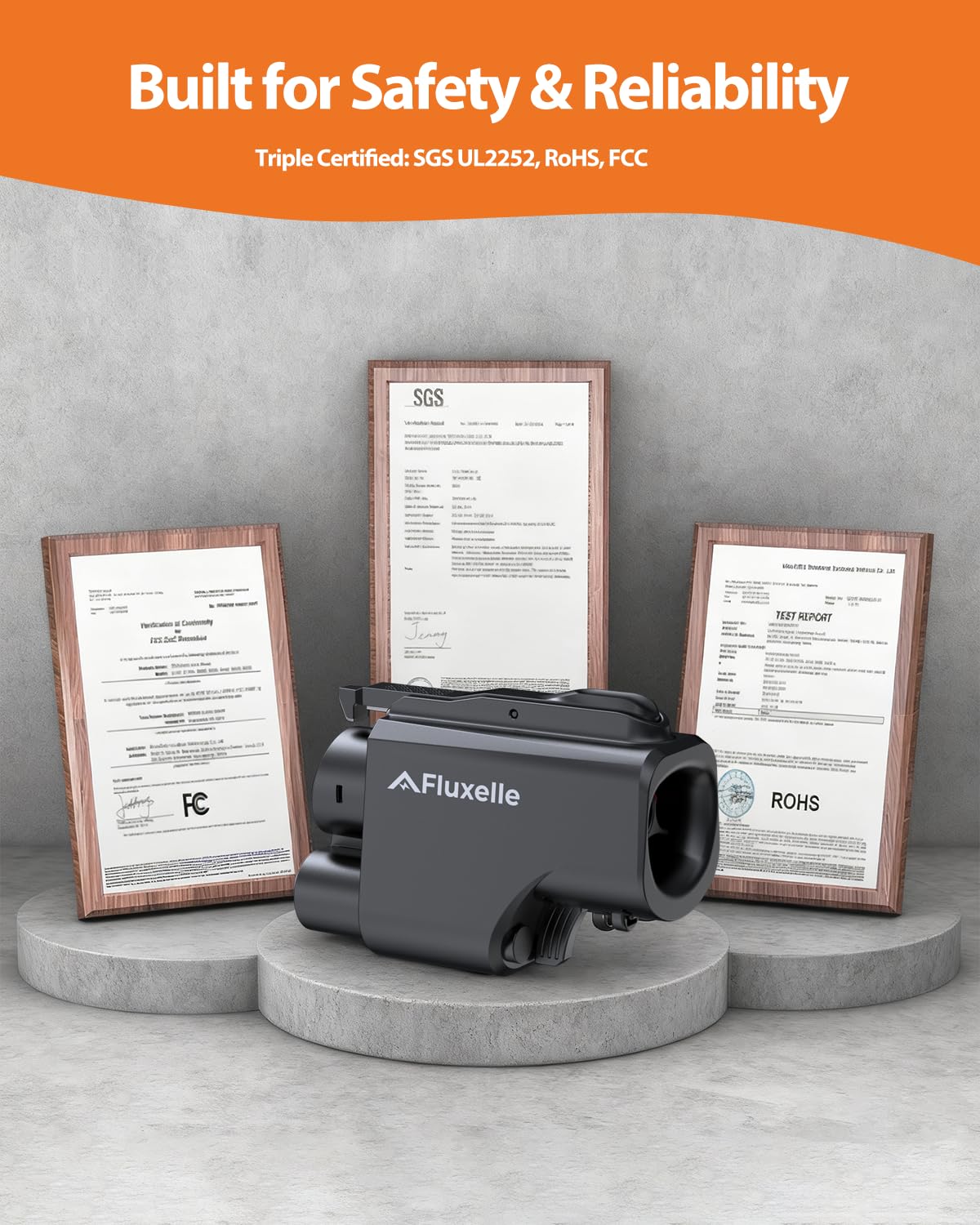 Fluxelle packaging with manual and certification card showing included support and warranty