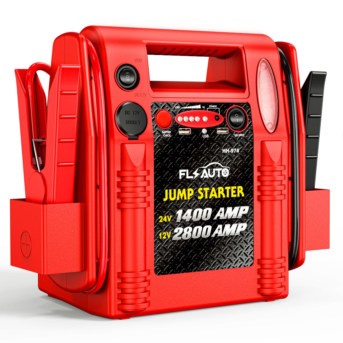 FlyAuto front view shows jump starter ready for emergency starts