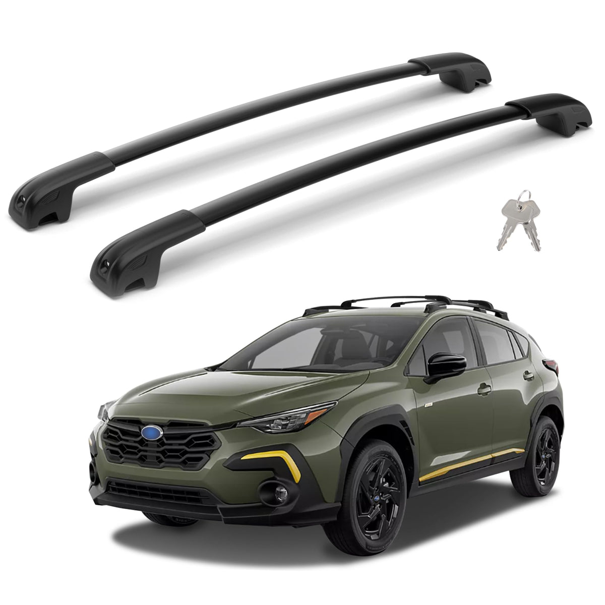 FLYCLE crossbars front view mounted on Crosstrek showing fit and stability