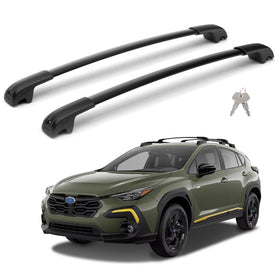 FLYCLE crossbars front view mounted on Crosstrek showing fit and stability
