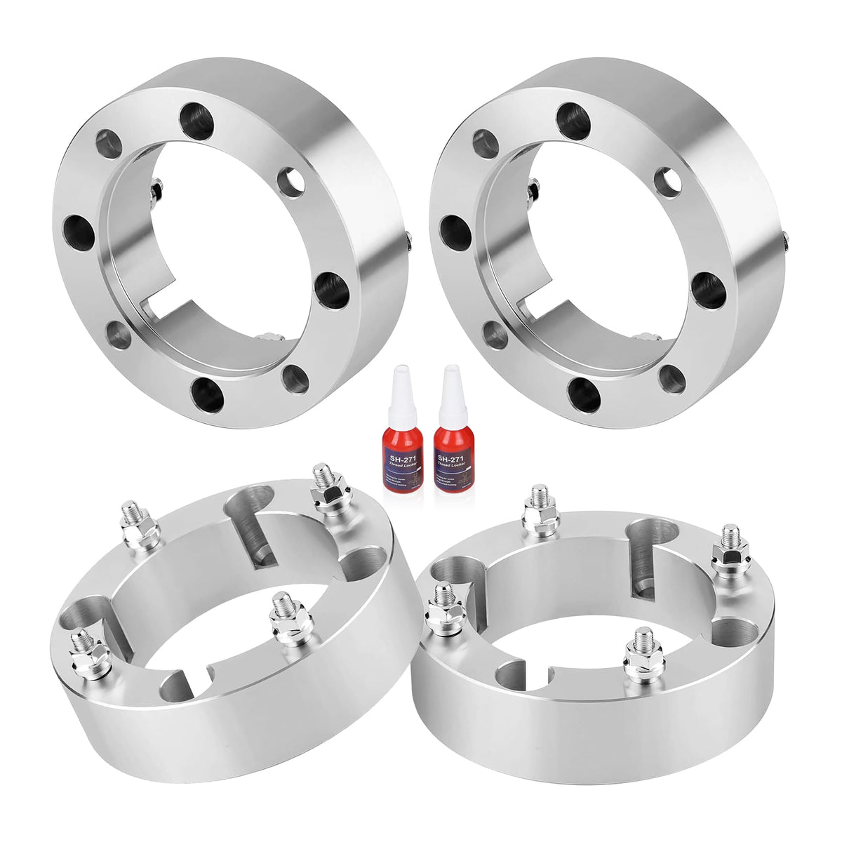 FLYCLE front view of four 2-inch wheel spacers showing bolt pattern and finish for safer wider tires