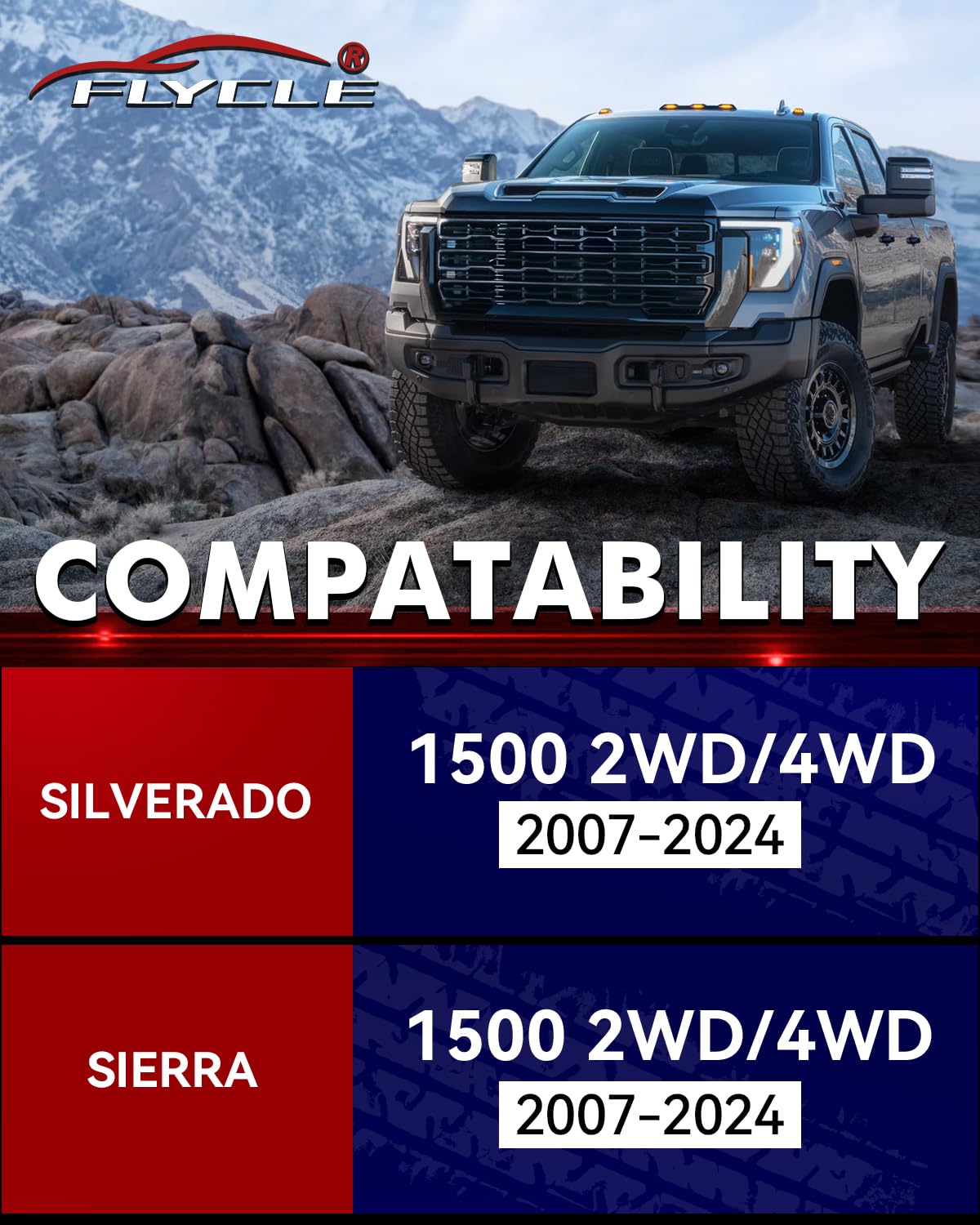 FLYCLE installed front view on Silverado showing lifted stance and improved clearance