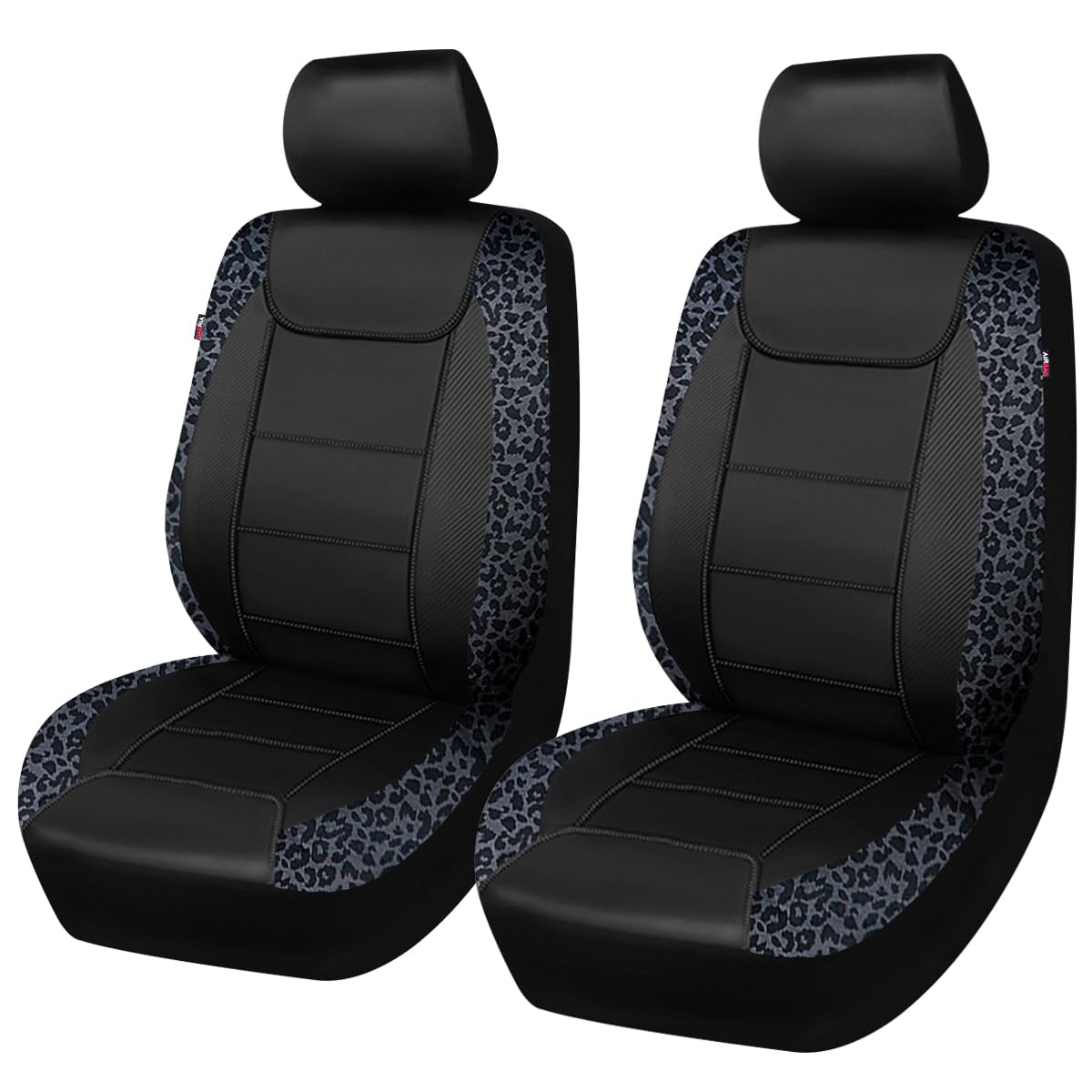 Flying Banner front seat cover showing leopard gray velvet and black faux leather, protects seats