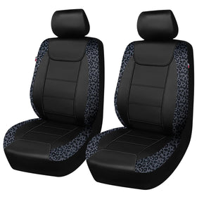 Flying Banner front seat cover showing leopard gray velvet and black faux leather, protects seats