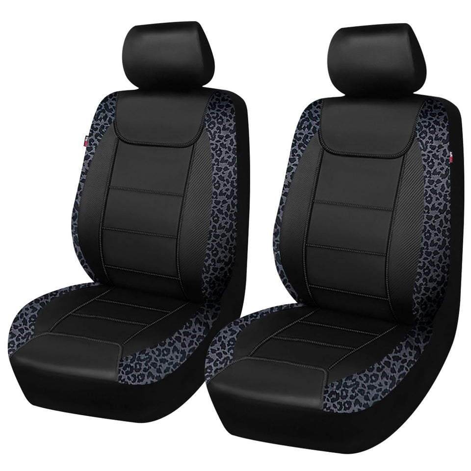 Flying Banner front seat cover showing leopard gray velvet and black faux leather, protects seats