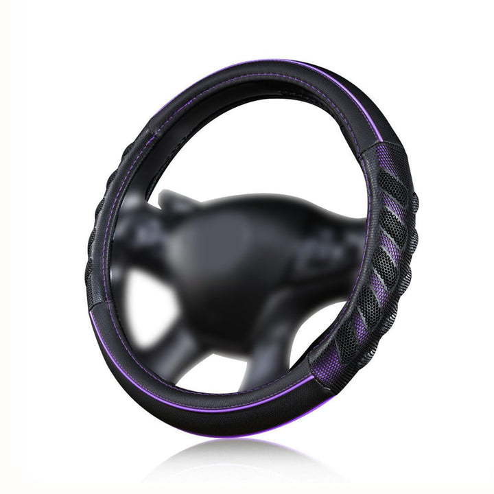 Flying Banner front view of purple-black steering wheel cover shows sporty style and grip