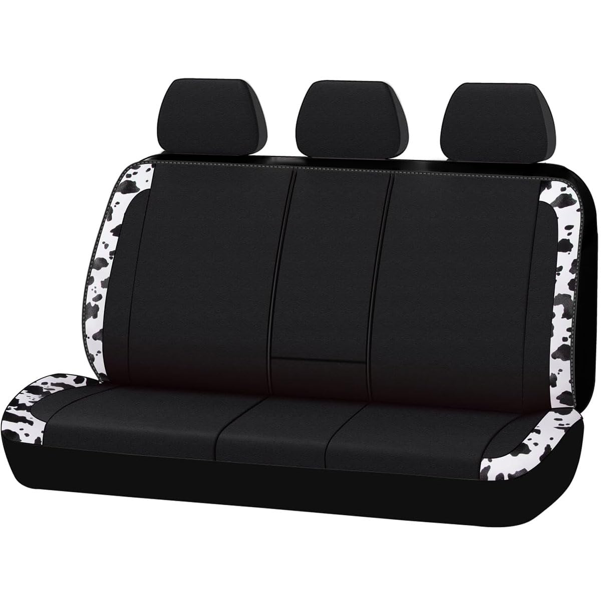 Flying Banner front view of rear bench cover showing cow print and black panels, protects seats