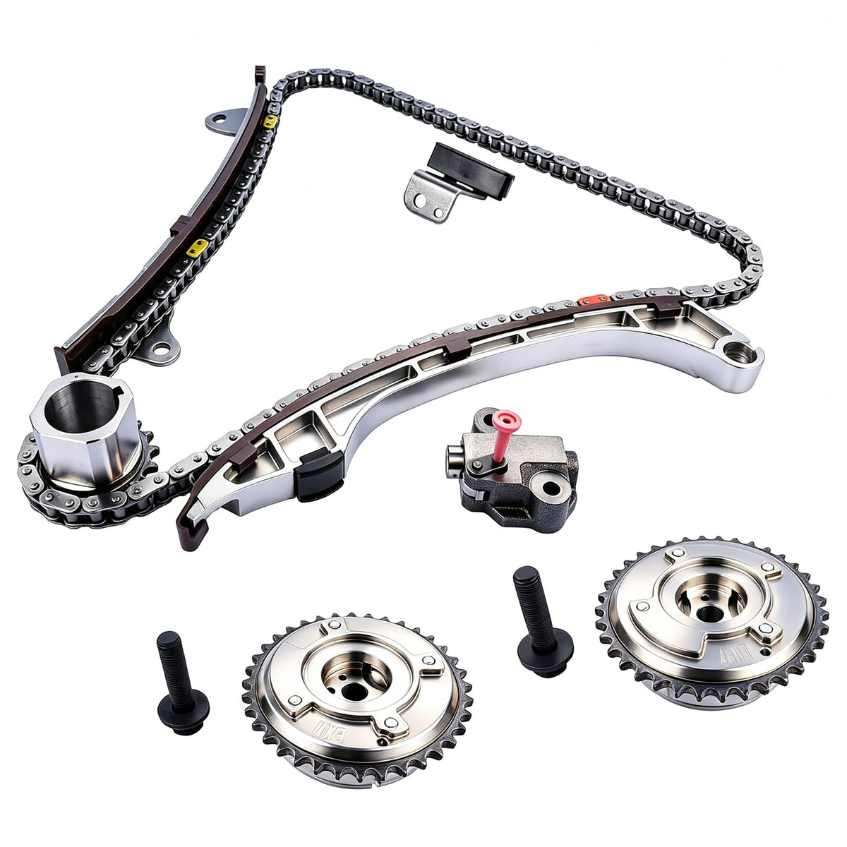 Flynsu components laid out including guides, tensioner, sprockets for complete replacement clarity