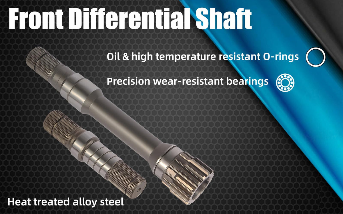 Flynsu intermediate shaft close-up showing heat-treated steel and durability benefit