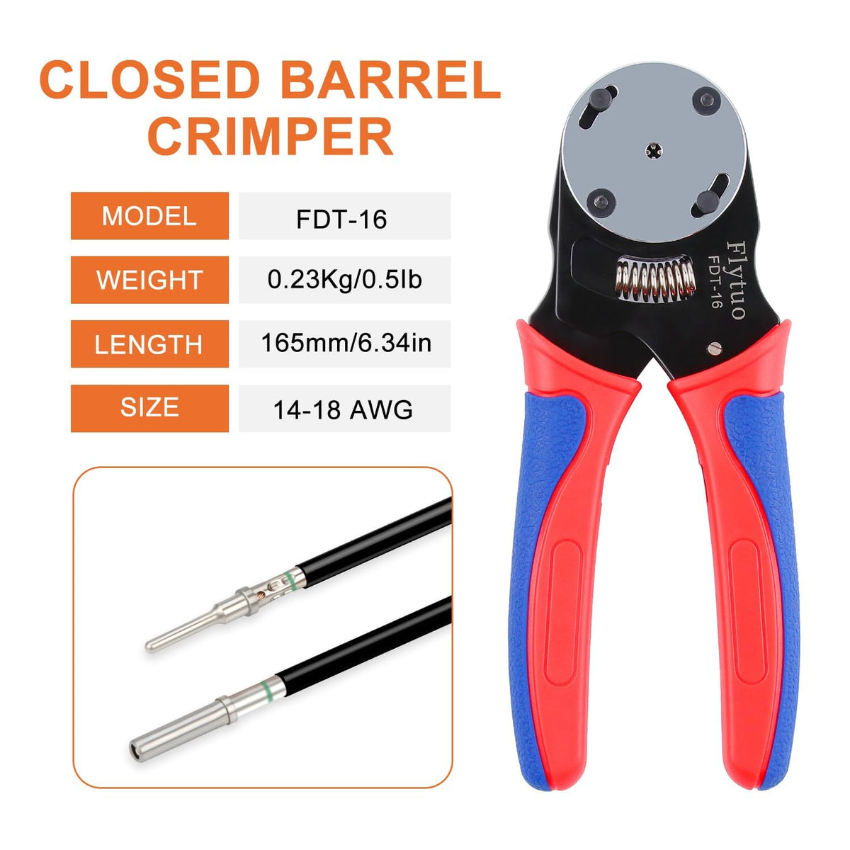 Flytuo crimping tool in use on a closed-barrel terminal ensuring consistent crimps
