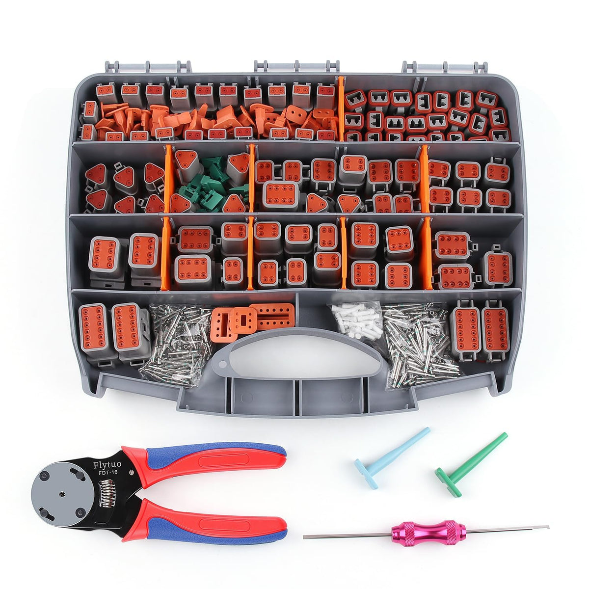 Flytuo open case showing organized DT connector sets and quick access convenience