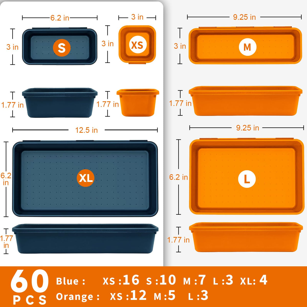 FLYVOLE layout showing five tray sizes side-by-side for scale and planning