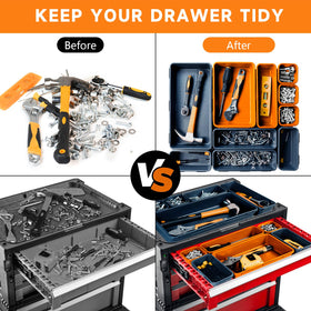 FLYVOLE trays neatly arranged in a toolbox drawer for faster access