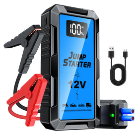 FMOOO front packaging view showing compact jump starter and travel-ready benefit